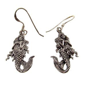 Handcrafted Solid 925 Sterling Silver 3D Mermaid Drop Dangle Hook Earrings